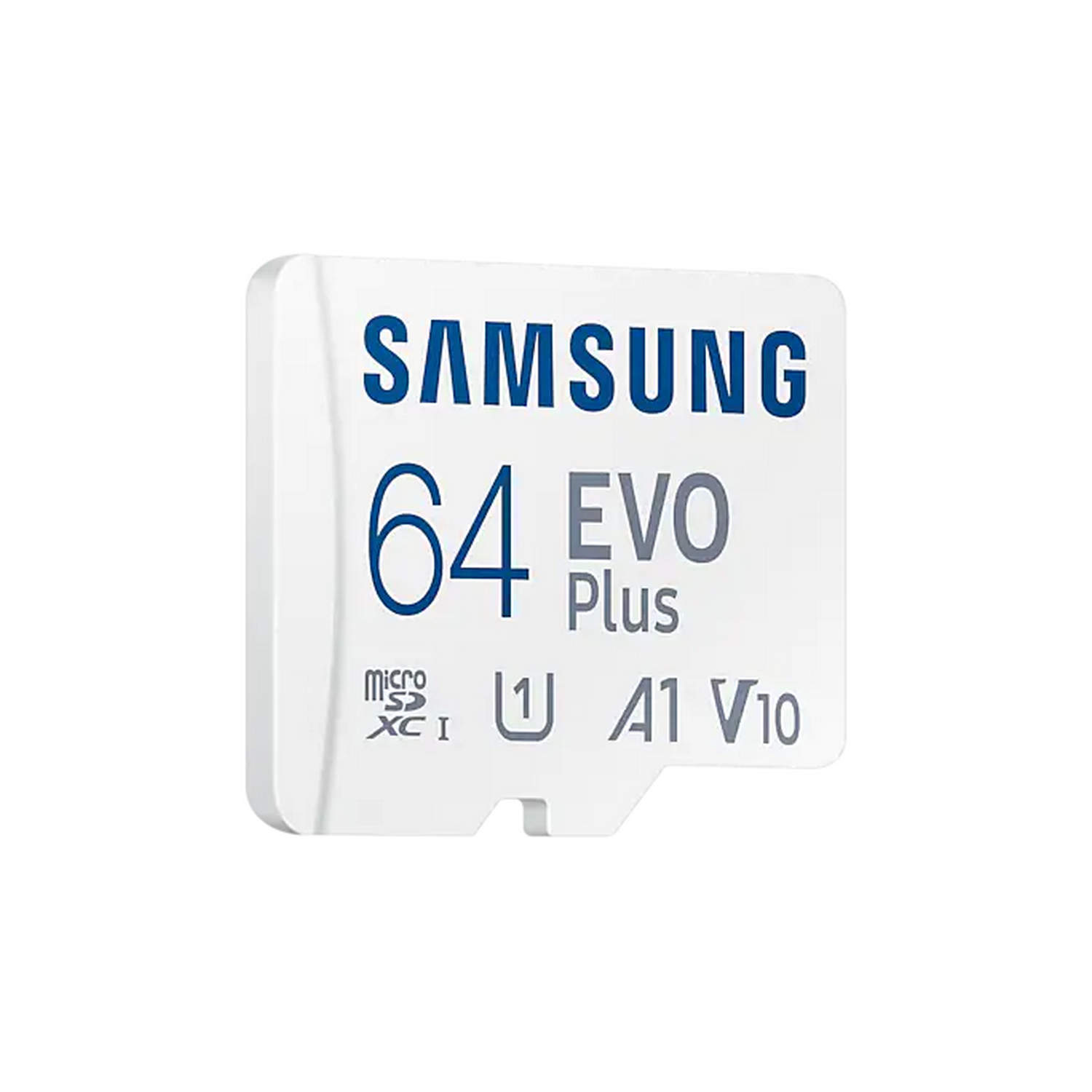 Tarjeta Micro SD Samsung 64 EVO Plus blanca. La tarjeta tiene texto blanco y detalles azules sobre fondo blanco.