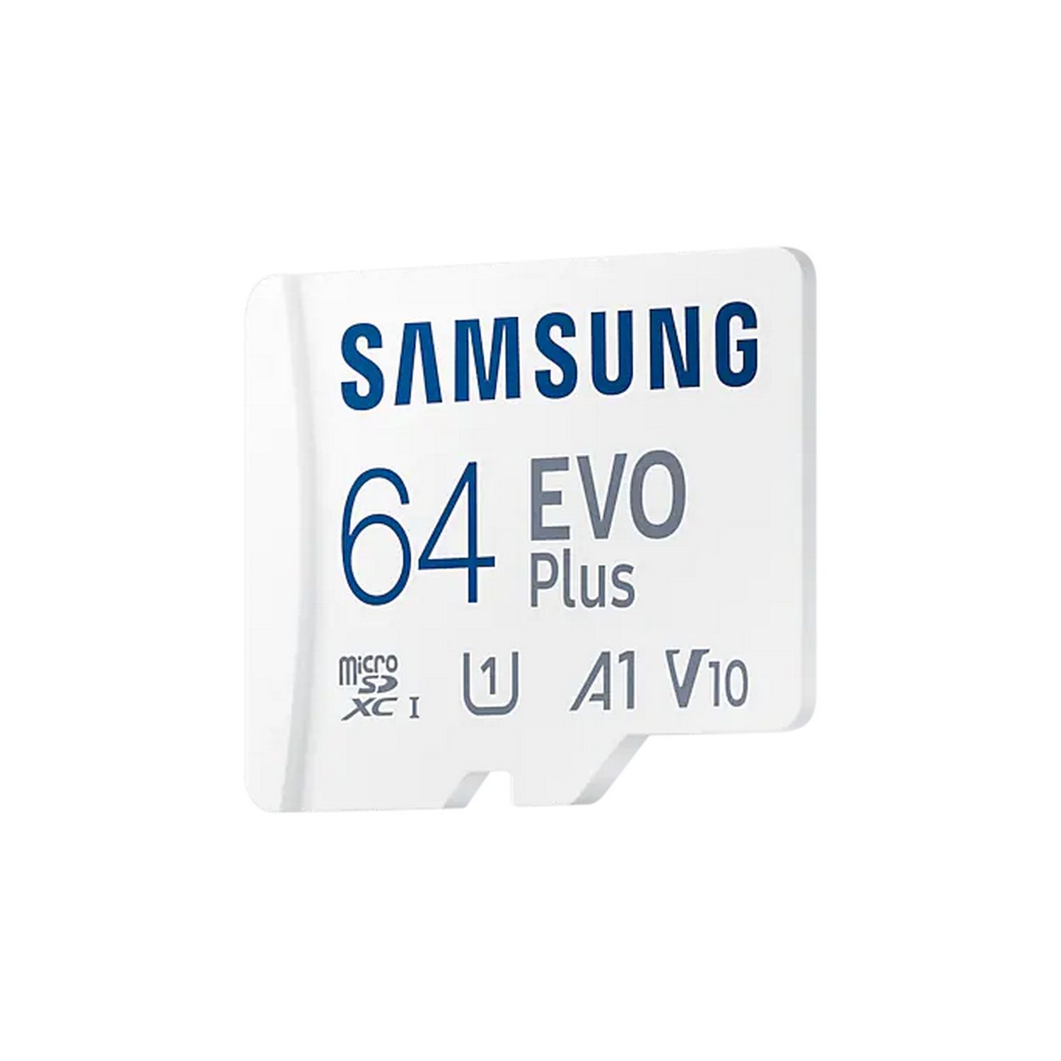 Tarjeta microSD Samsung 64 EVO Plus blanca con texto y logotipos.