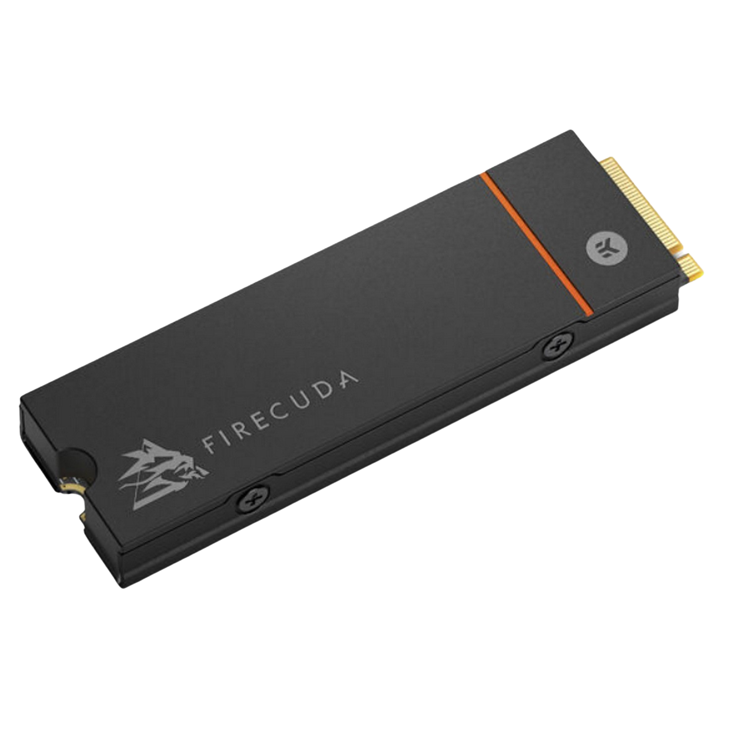 SSD NVMe FireCuda negra, franja naranja, logotipo y cuatro tornillos en la superficie. Vista en ángulo.