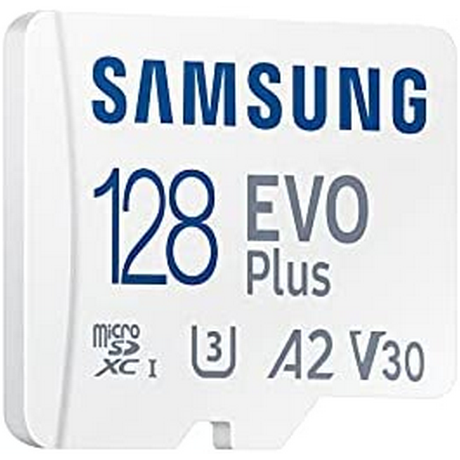Tarjeta microSD Samsung 128 EVO Plus. Texto: 128 EVO Plus. Micro SDXC, A2 V30.