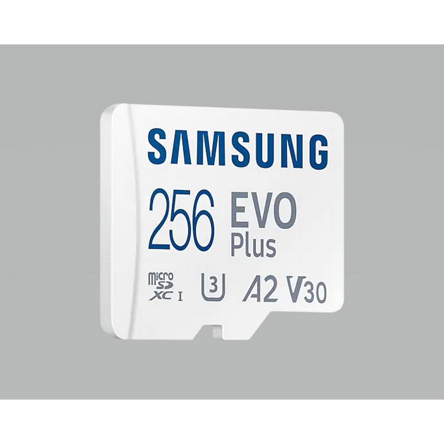 Tarjeta MicroSD Samsung blanca, 256 GB, con texto azul. La tarjeta está sobre fondo blanco.