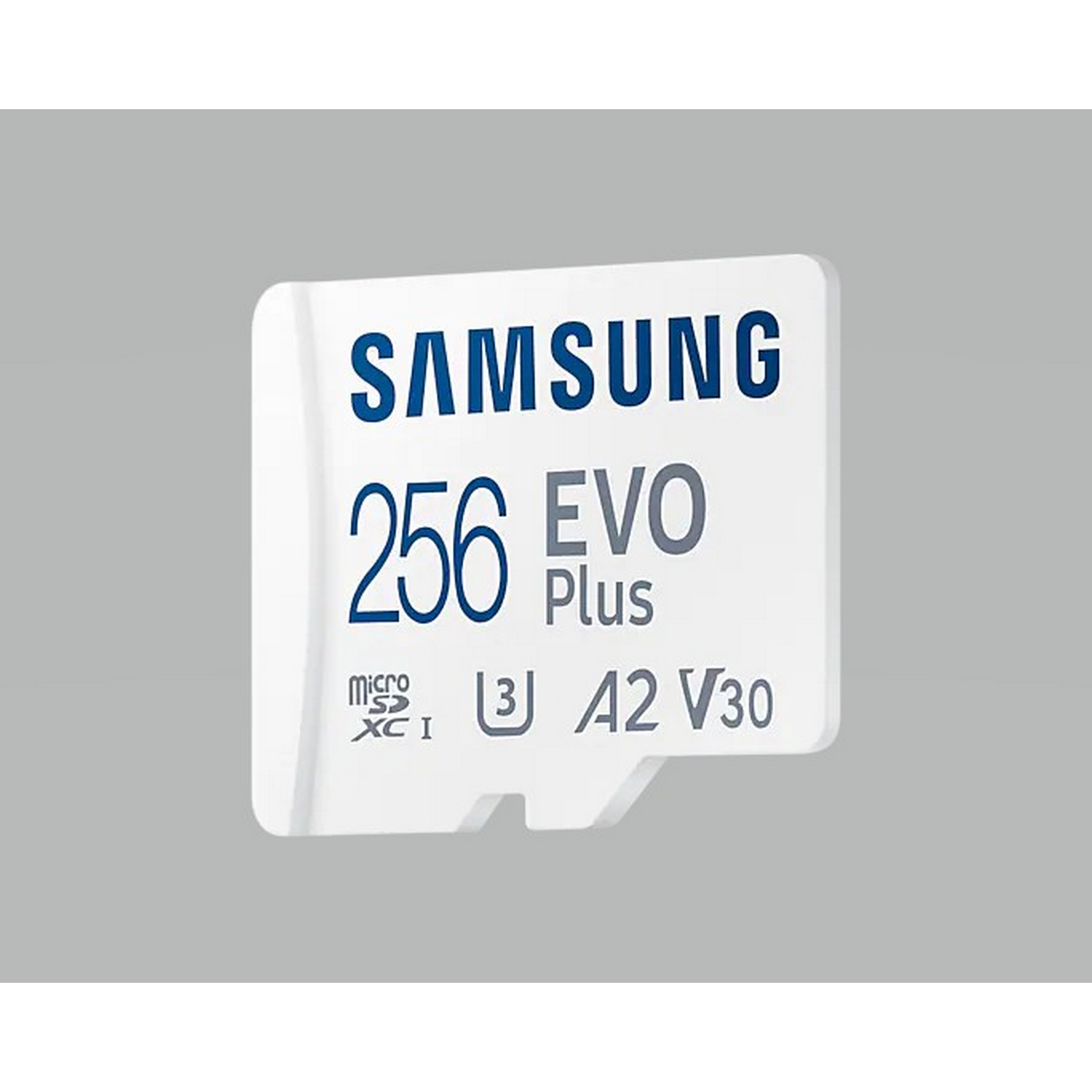 Tarjeta microSD Samsung 256 EVO Plus. Tarjeta blanca con texto, sobre fondo gris.