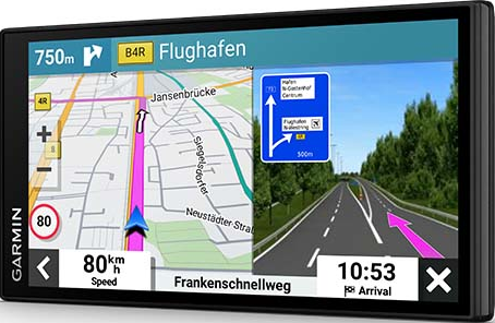 Dispositivo GPS Garmin che mostra una mappa di navigazione con percorso e velocità.