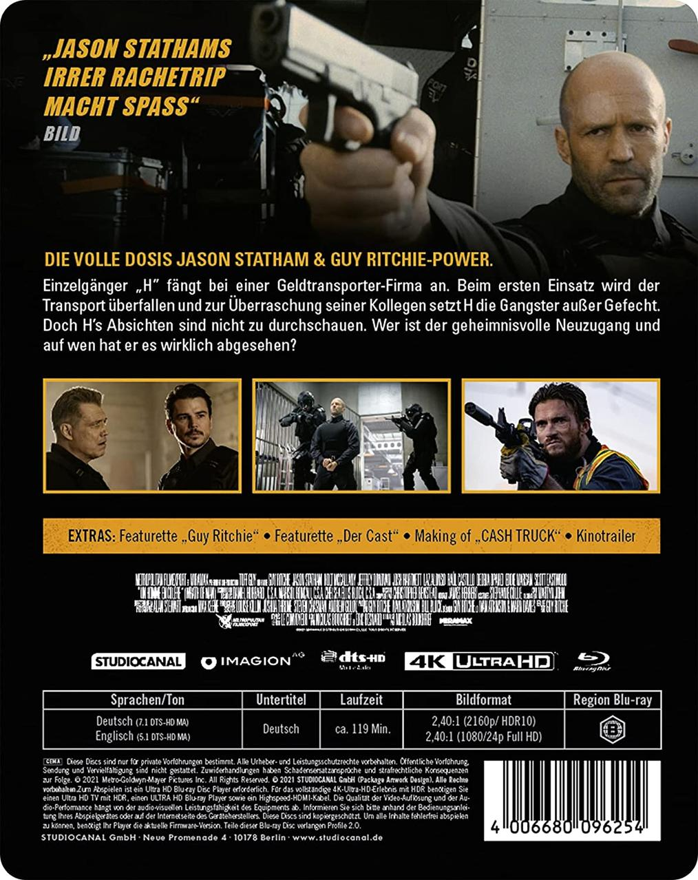 Rückseite einer DVD-Hülle für den Film Cash Truck. Gesichter von Schauspielern und Text zum Film sind sichtbar.