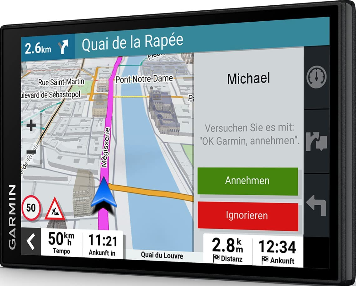 Il dispositivo GPS Garmin mostra una mappa e una richiesta di chiamata da Michael, con pulsanti accetta/ignora.