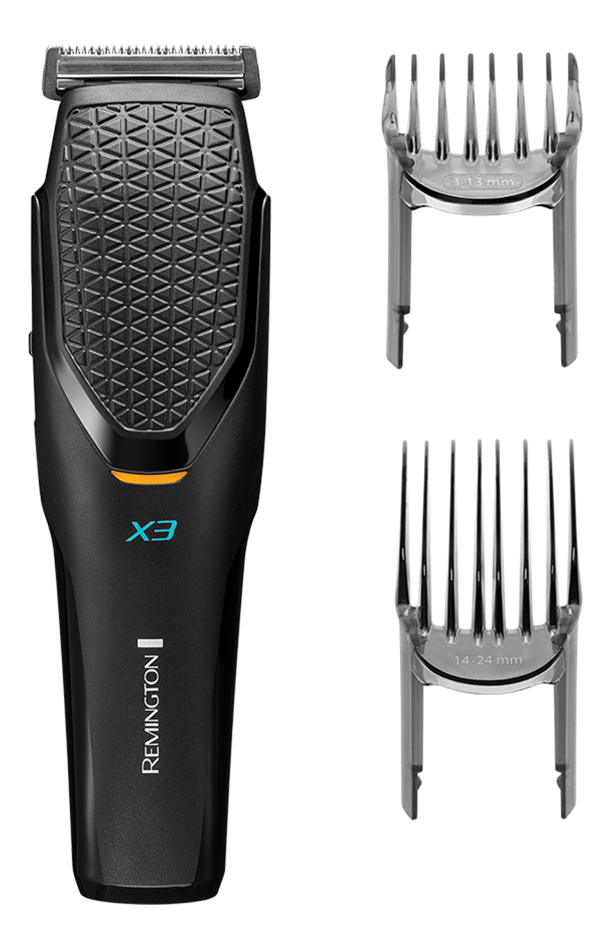 Schwarzer Remington X3 Trimmer mit zwei Kammaufsätzen für verschiedene Haarlängen.