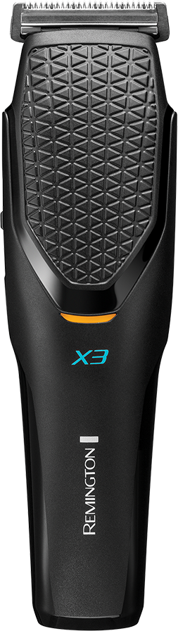 Schwarzer Remington X3 Barttrimmer. Er hat einen strukturierten Griff, blaues X3 und Remington-Logo.