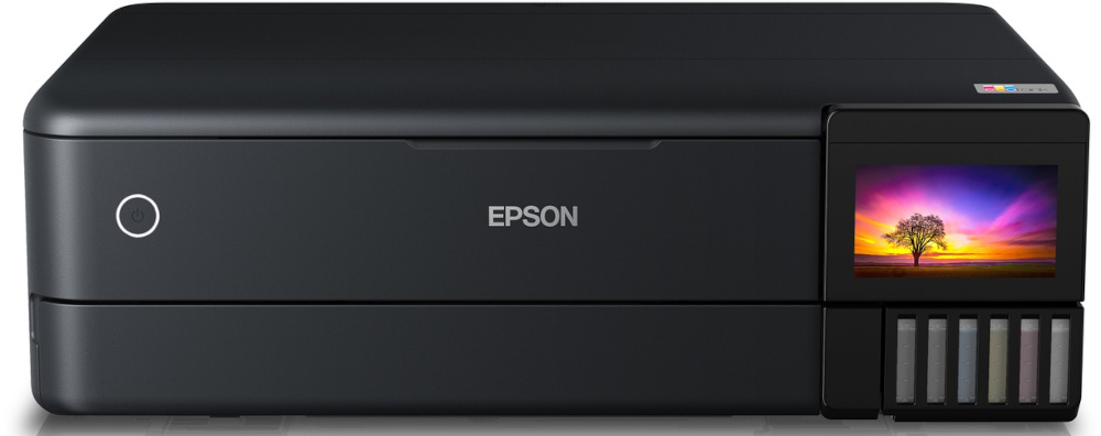 Black Epson printer with screen displaying colorful sunset and ink cartridges.