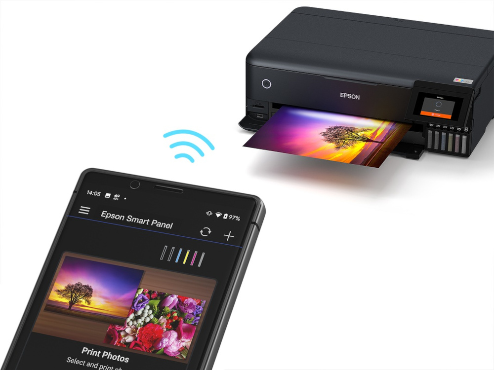 Epson printer connected to a smartphone displaying a printed photo.