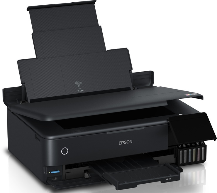 Black Epson printer with open paper tray. It has ink cartridges on the side.