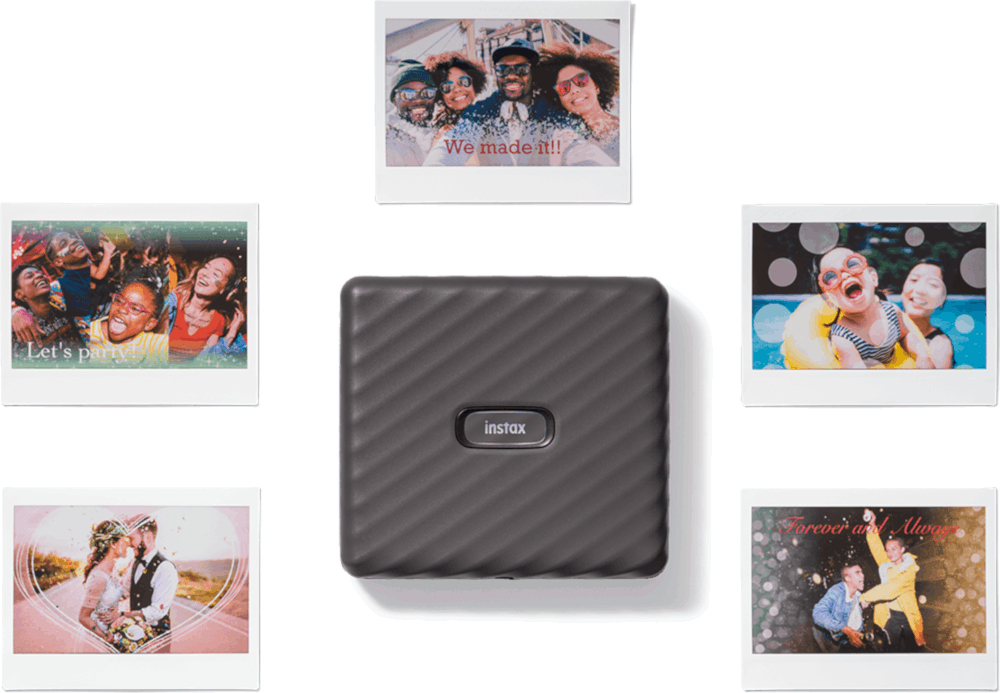 Instax printer surrounded by photos. Photos show people smiling and a couple.