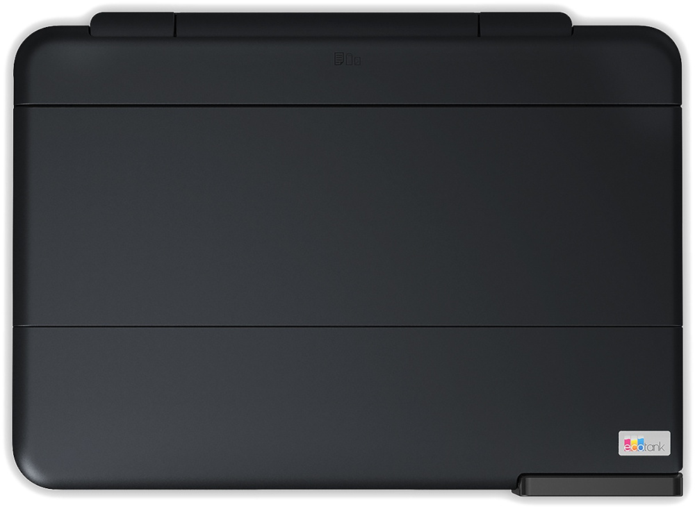 A black Epson printer, viewed from above. It has a flat top with a small logo and a paper exit.