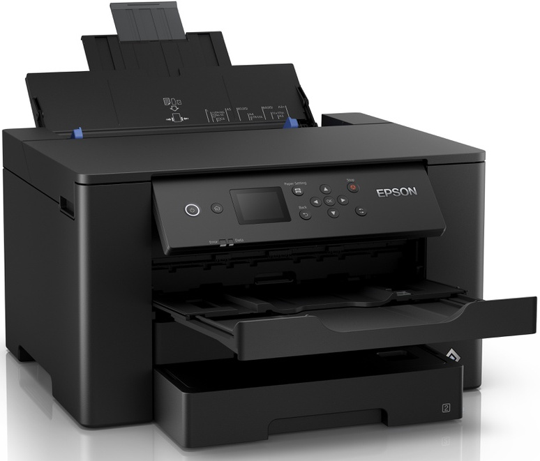 Black Epson printer with paper trays open. The printer is on a white background.