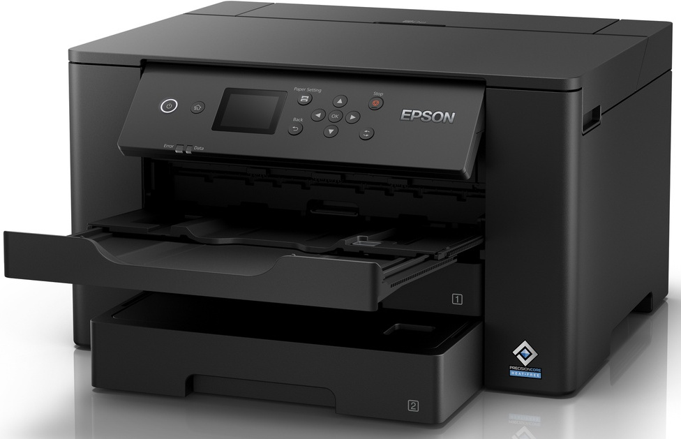 Black Epson printer with two paper trays open. The printer has a display and several buttons on it.