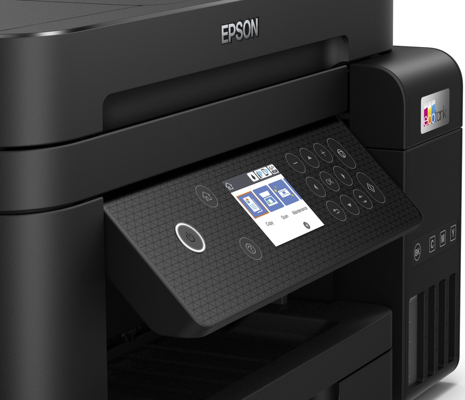 Détail du panneau de commande de l'imprimante Epson, noir avec boutons et écran.