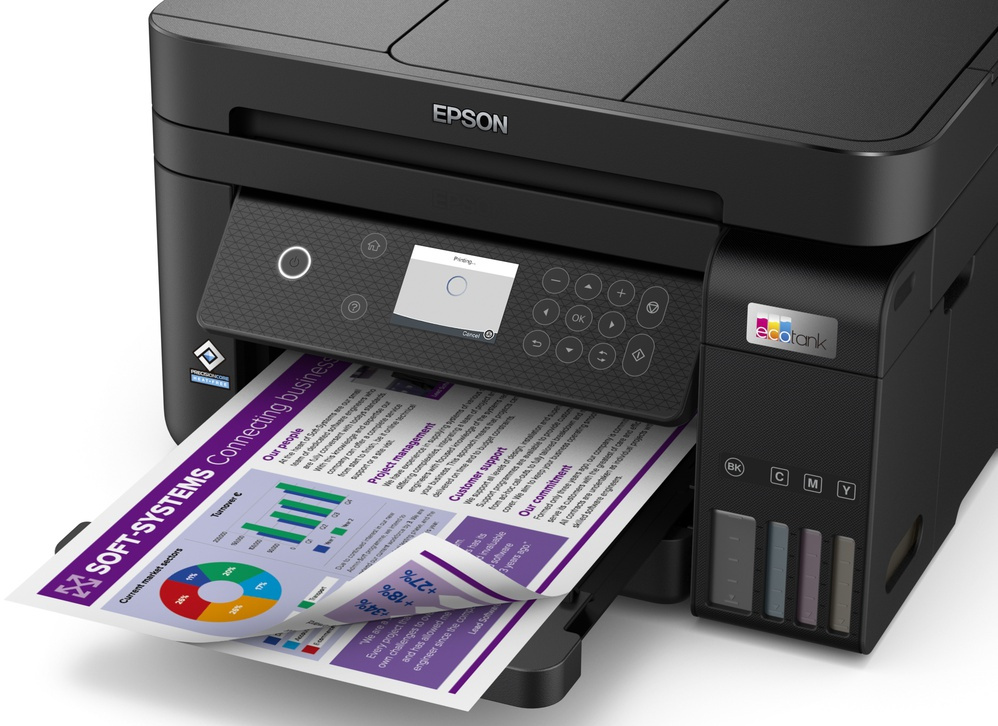Imprimante Epson noire et grise imprimant un document couleur.