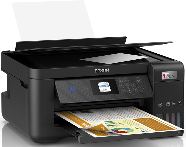 Epson EcoTank printer, zwarte kleur. Een document wordt afgedrukt uit de lade, een ander erbovenop.