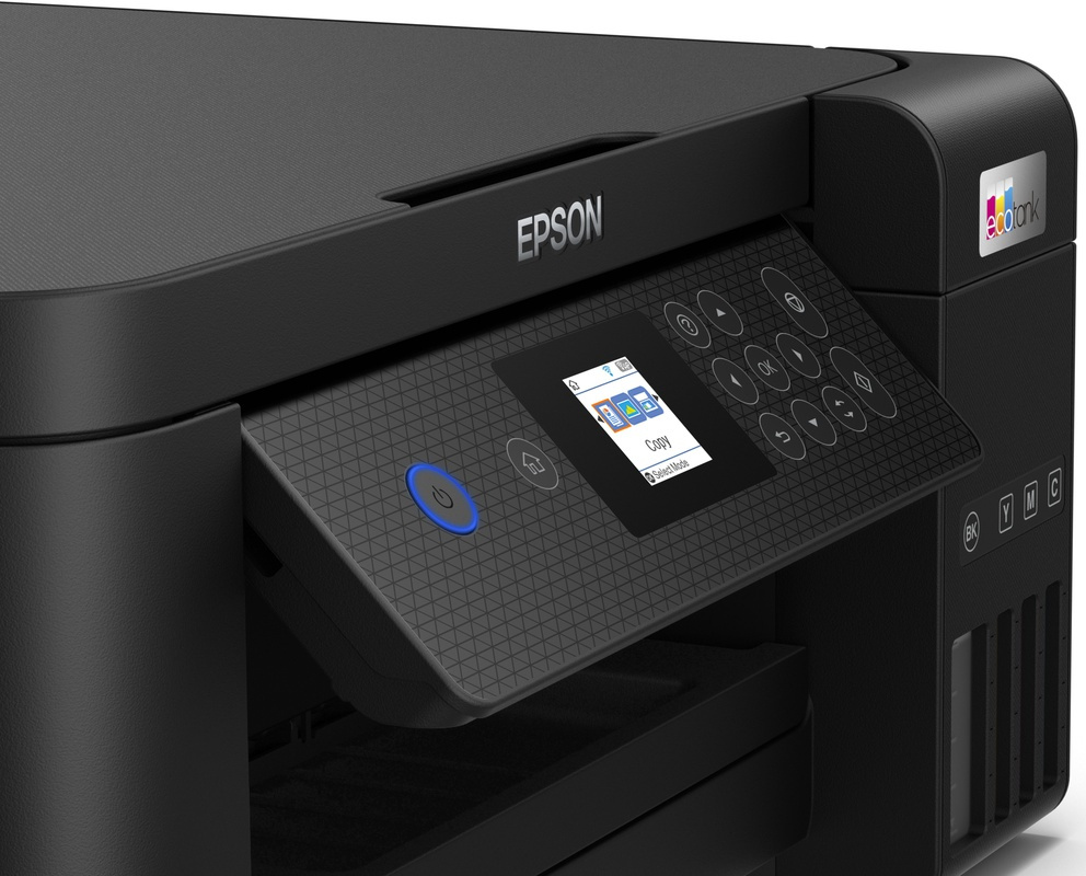 Een Epson-printer, met een bedieningspaneel, een aan/uit-knop en inktreservoirs zichtbaar.
