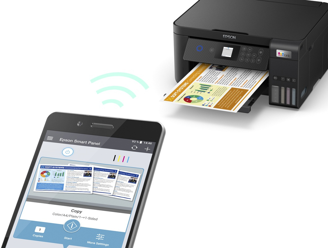 Printer die een document afdrukt, draadloos verbonden met een telefoon.