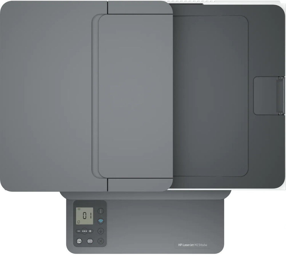 Vue de dessus d'une imprimante HP LaserJet M234sdw grise. Le couvercle du scanner est ouvert. Un panneau de commande avec écran est visible.