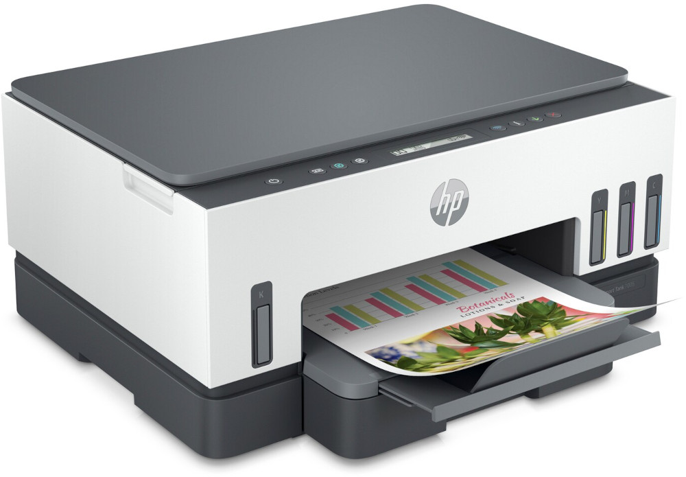Een printer die een grafiek afdrukt. De printer is wit en grijs.