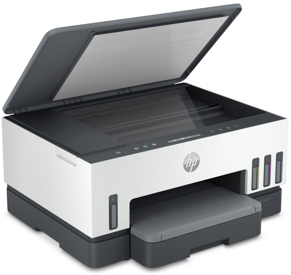 Een HP-printer met de scannerklep open, met inktcartridges.