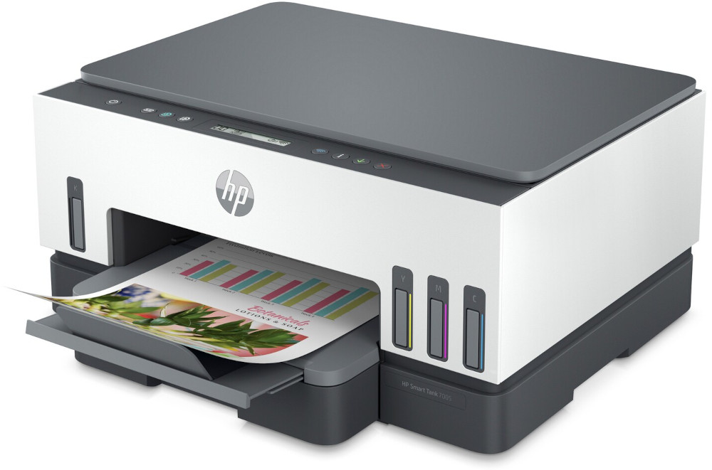 Witte en grijze HP-printer die een grafiek afdrukt. Inktreservoirs zijn rechts zichtbaar.