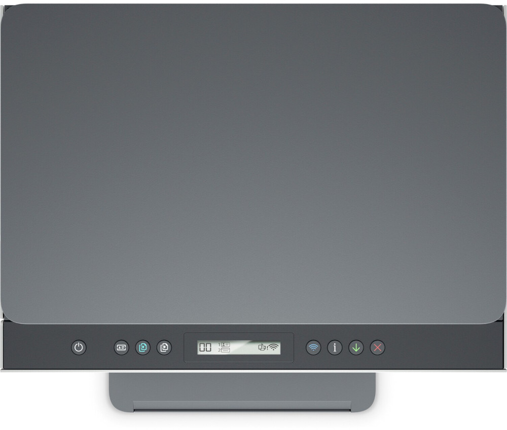 Bovenaanzicht van een grijze scanner met knoppen en een klein display.