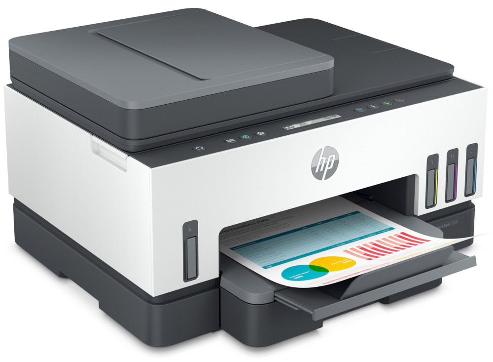 An HP printer printing a document, with ink cartridges visible.