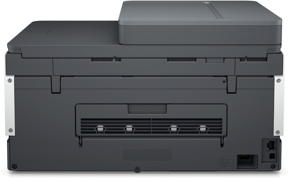 Rear view of a black and gray printer. The printer has a flatbed scanner.