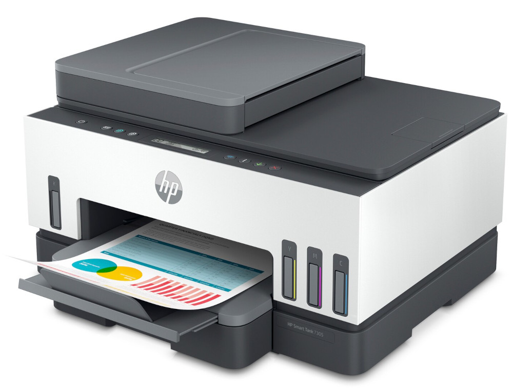 White and gray HP printer printing a colorful document. Ink cartridges are visible.