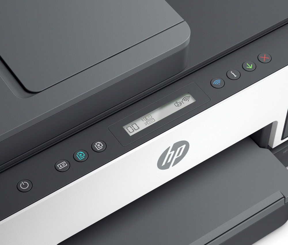 Close-up of a white and gray printer control panel with power and wireless icons.