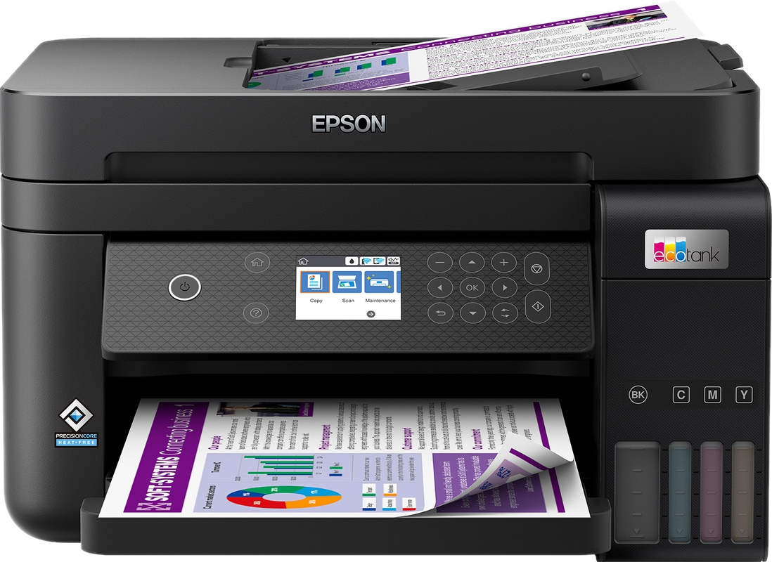 Imprimante Epson avec du papier et des cartouches d'encre. L'imprimante est en noir et blanc.
