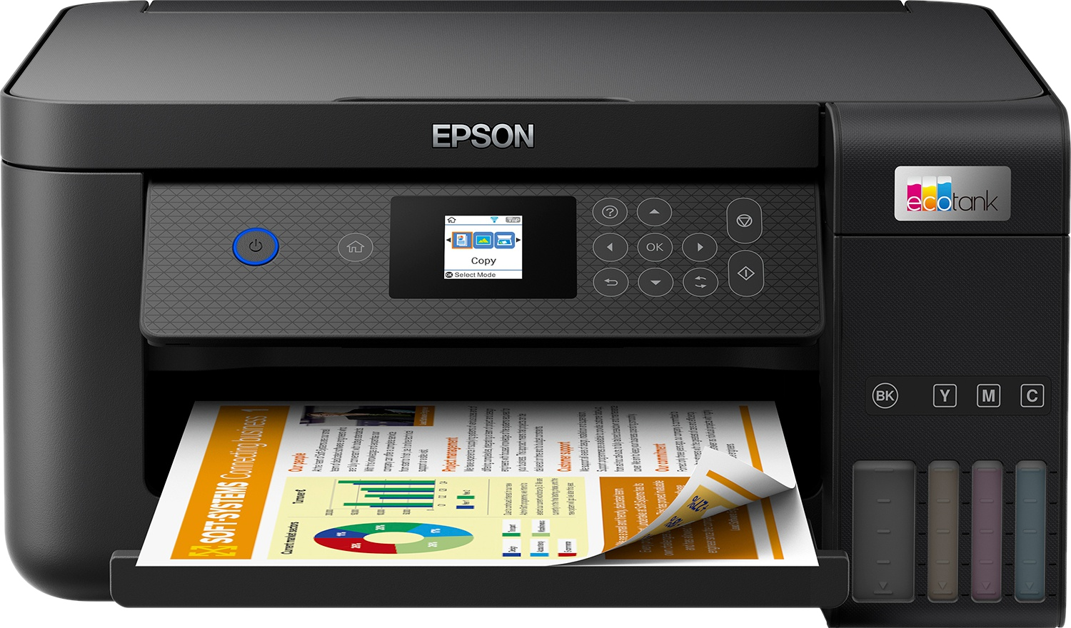 Zwarte Epson printer met een scherm en knoppen. Er komt een papier uit.