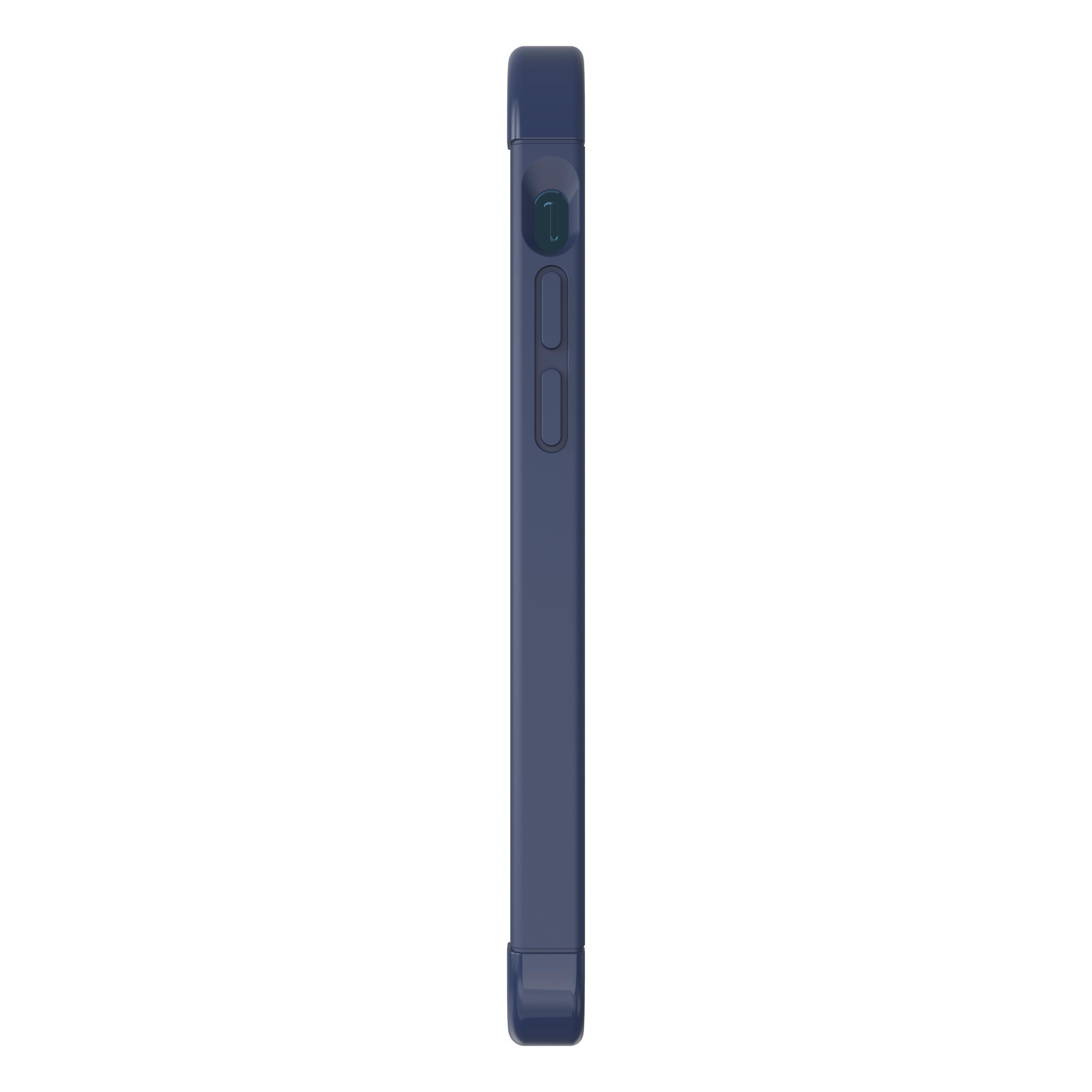 Seitenansicht eines blauen Telefons mit Knöpfen.