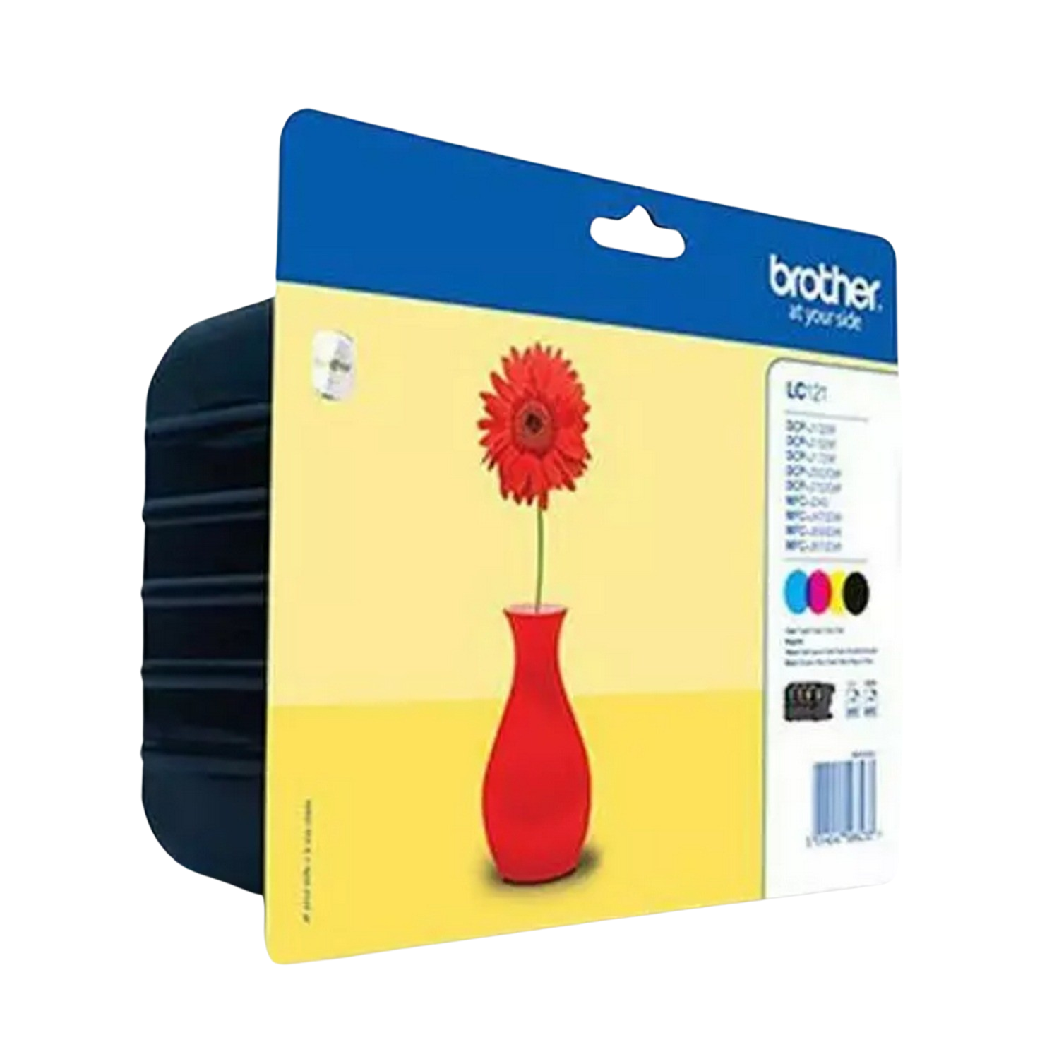 Paquete de cartuchos de tinta Brother LC21. Contiene una margarita gerbera roja en un jarrón rojo.