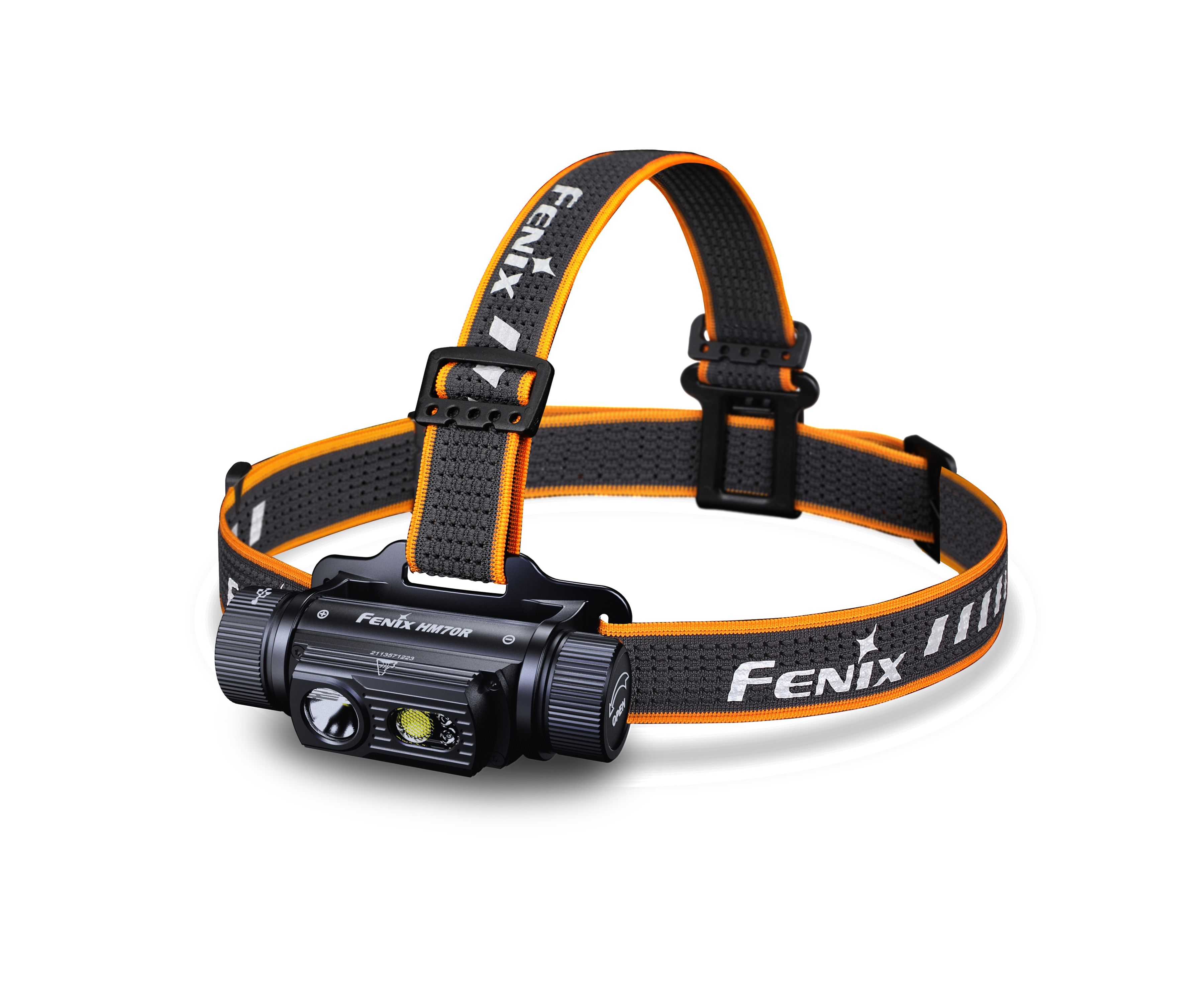 Schwarze und orangefarbene Stirnlampe mit dem Wort 'Fenix' auf dem Band.