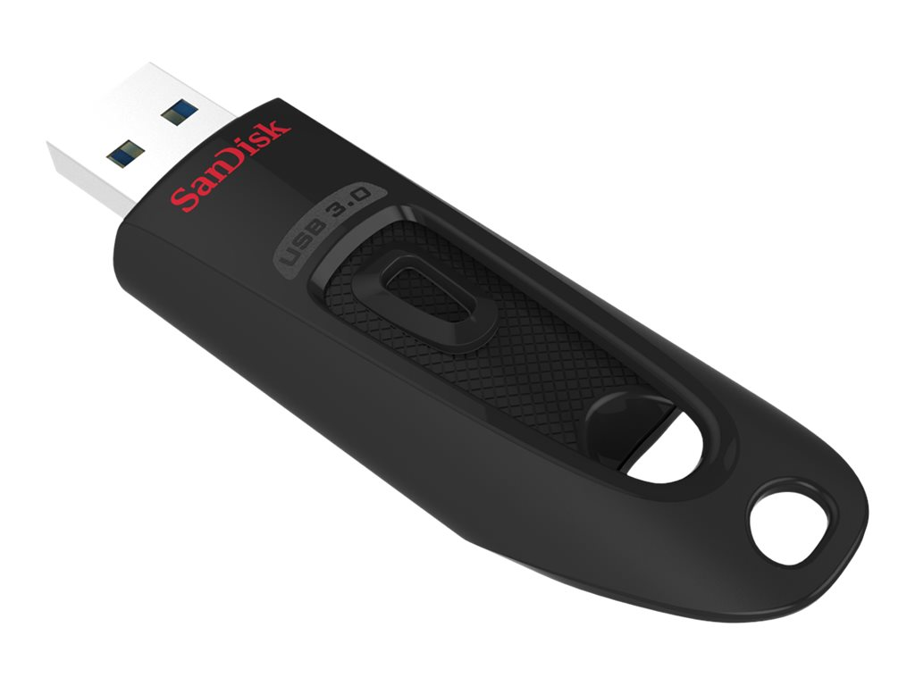 Schwarzer USB-Stick mit rotem 'SanDisk'-Logo, weißer USB-Anschluss.
