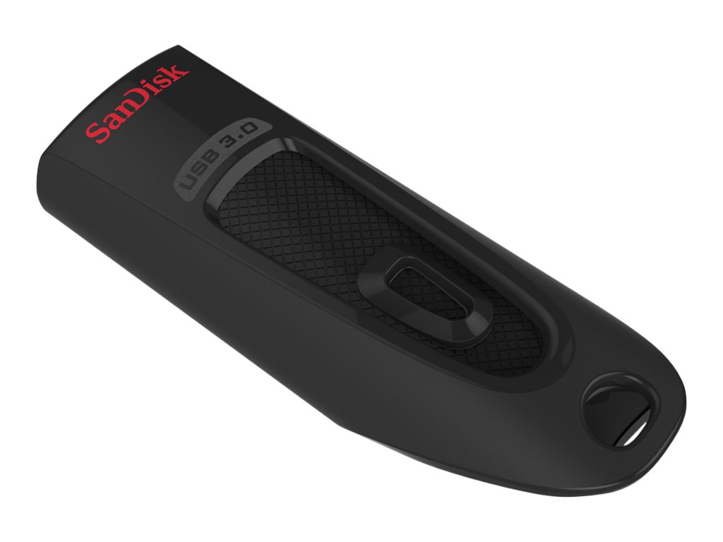 Schwarzer USB-Stick mit rotem 'SanDisk' und 'USB 3.0'. Angesicht auf Weiß.