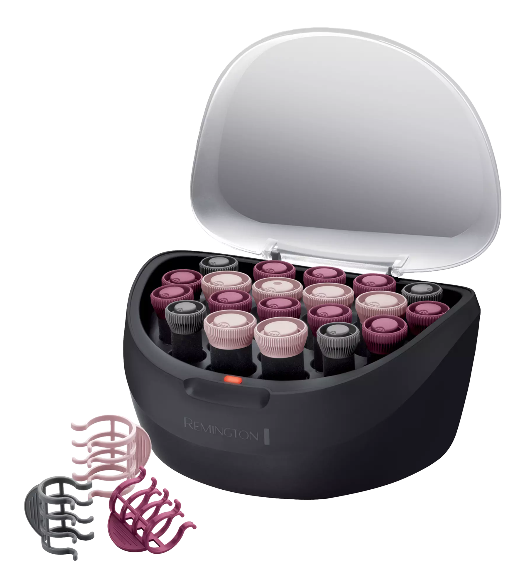 Un ensemble de bigoudis noirs avec un couvercle ouvert et des pinces à cheveux à côté. Les bigoudis sont roses et violets.