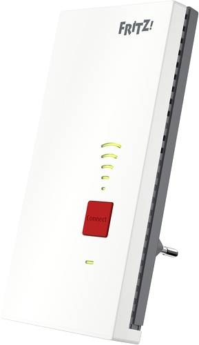 Répéteur Wi-Fi FRITZ! blanc avec bouton 'Connecter' rouge, sur fond blanc.