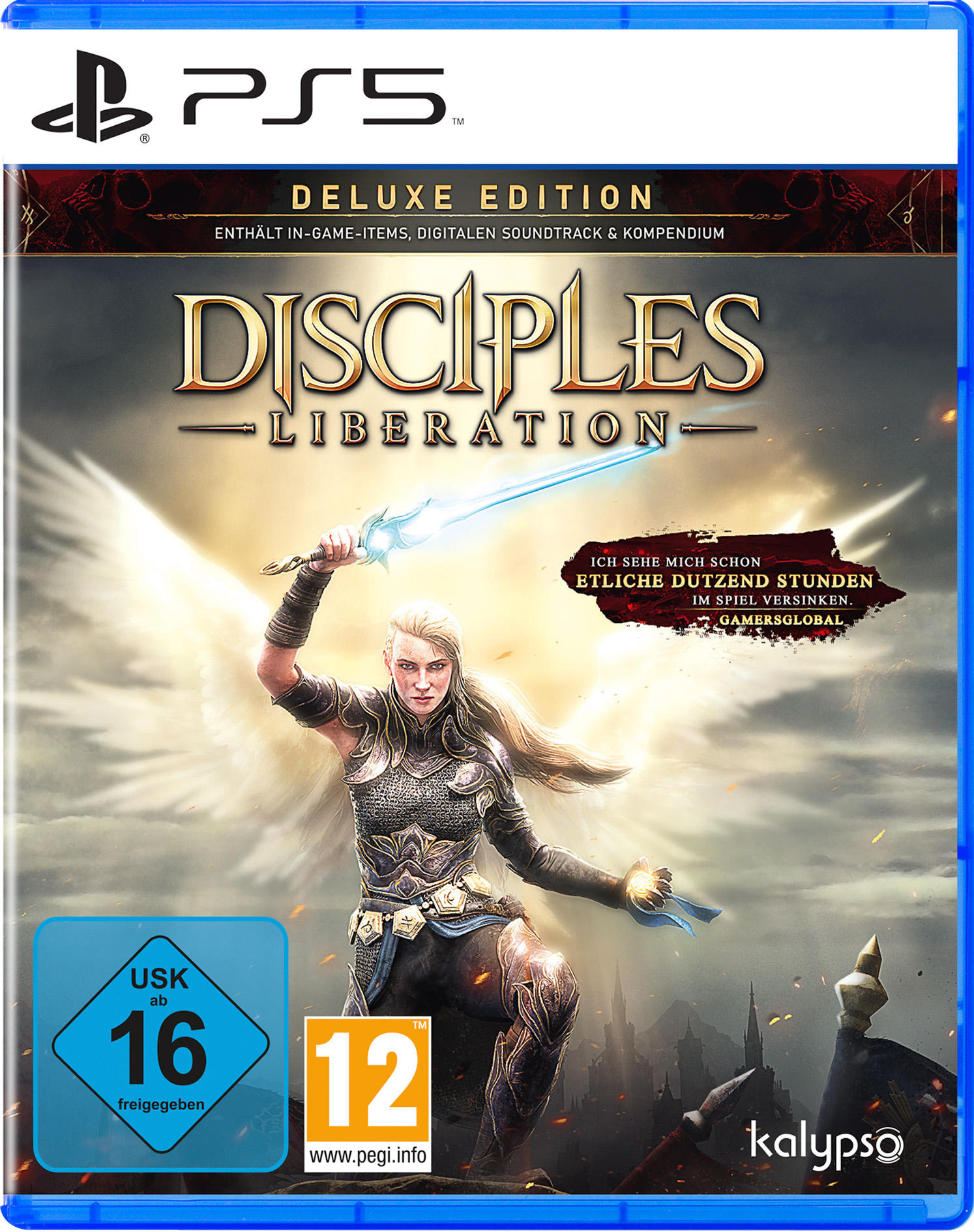 Spielcover für 'Disciples: Liberation' Deluxe Edition. Eine Frau mit einem Schwert steht mit Flügeln, blauer Himmel.