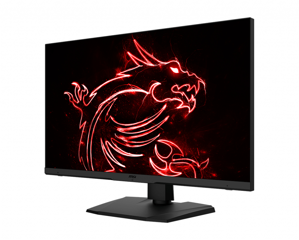 Black monitor with a red dragon logo. The display is on a black stand, white background.