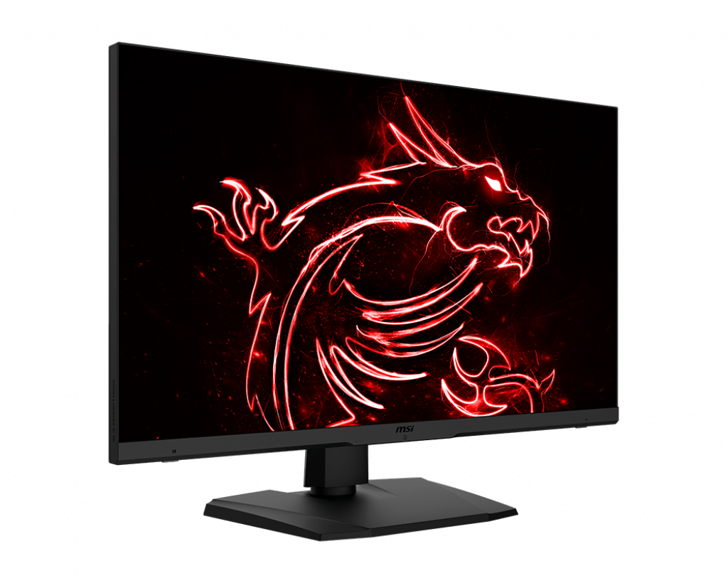 MSI monitor with a red dragon design on a black background. The monitor is off.