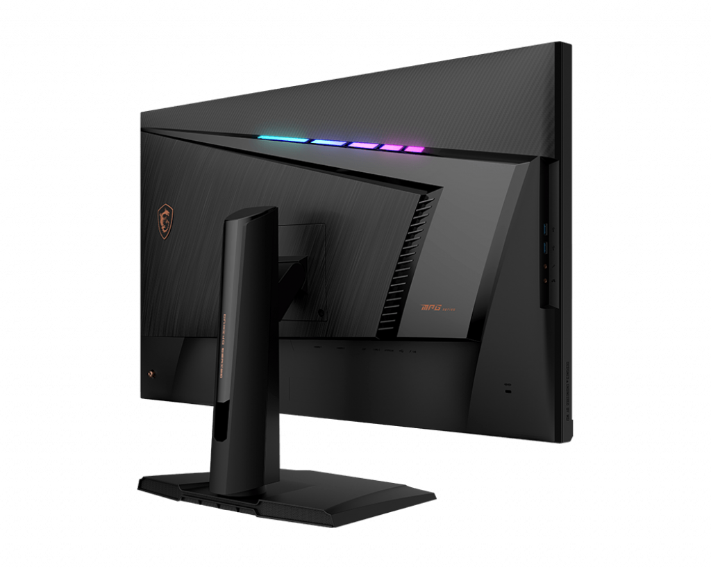 A black computer monitor viewed from the back, with decorative lights and stand.