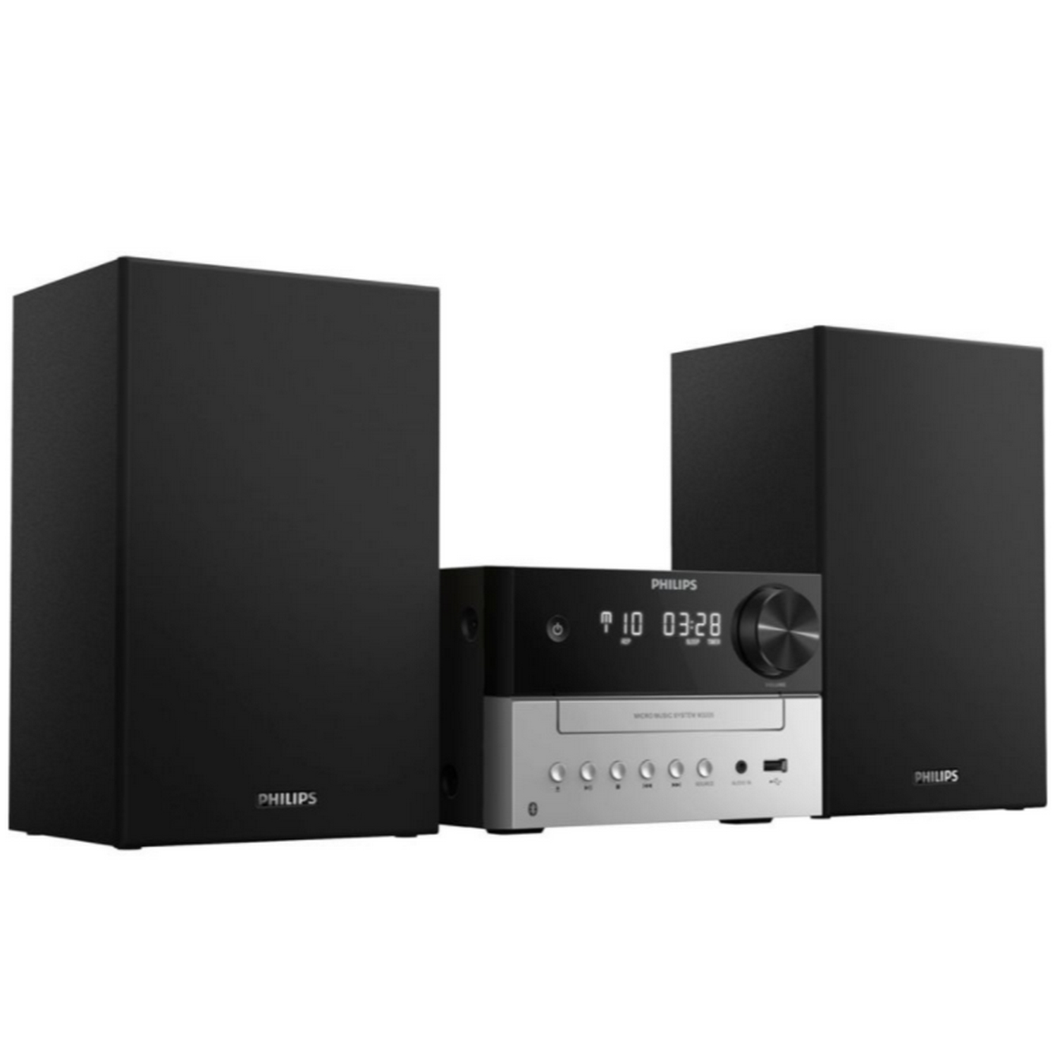 Un sistema micro hi-fi Philips. Tiene dos altavoces negros y una unidad central plateada/negra.