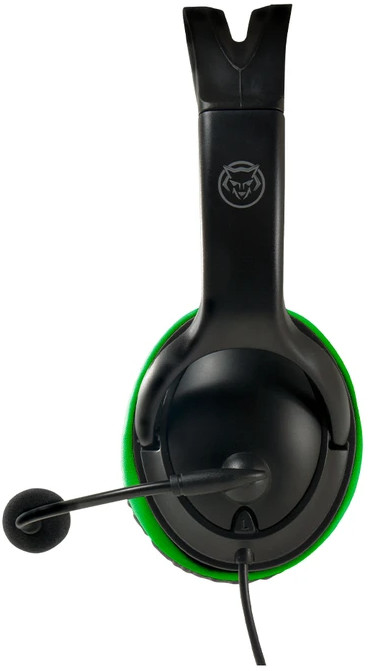 Black and green gaming headset. Microphone arm angled left.