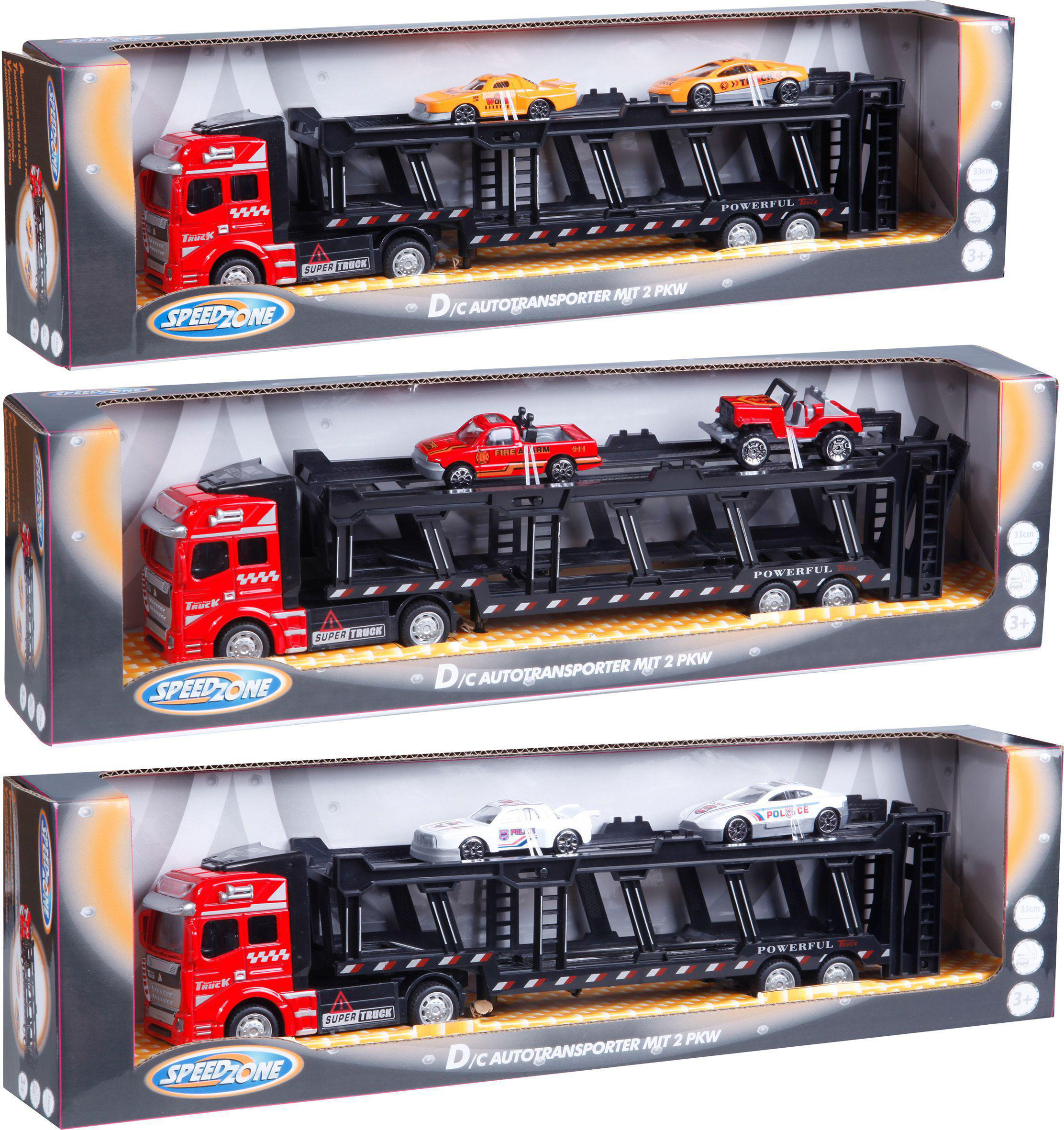 SPEEDZONE Speedzone D/C Autotransporter mit 2 PKW, 3fach sortiert Spielzeugauto