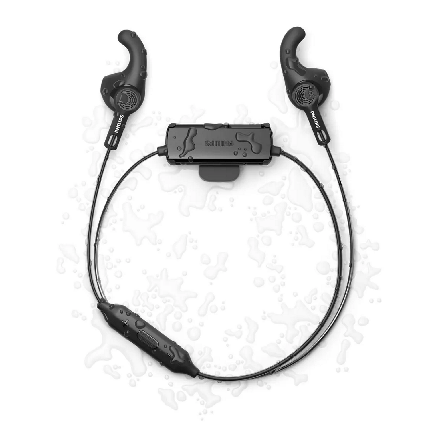 Auriculares inalámbricos negros con módulo de control y efectos de gotas de agua.