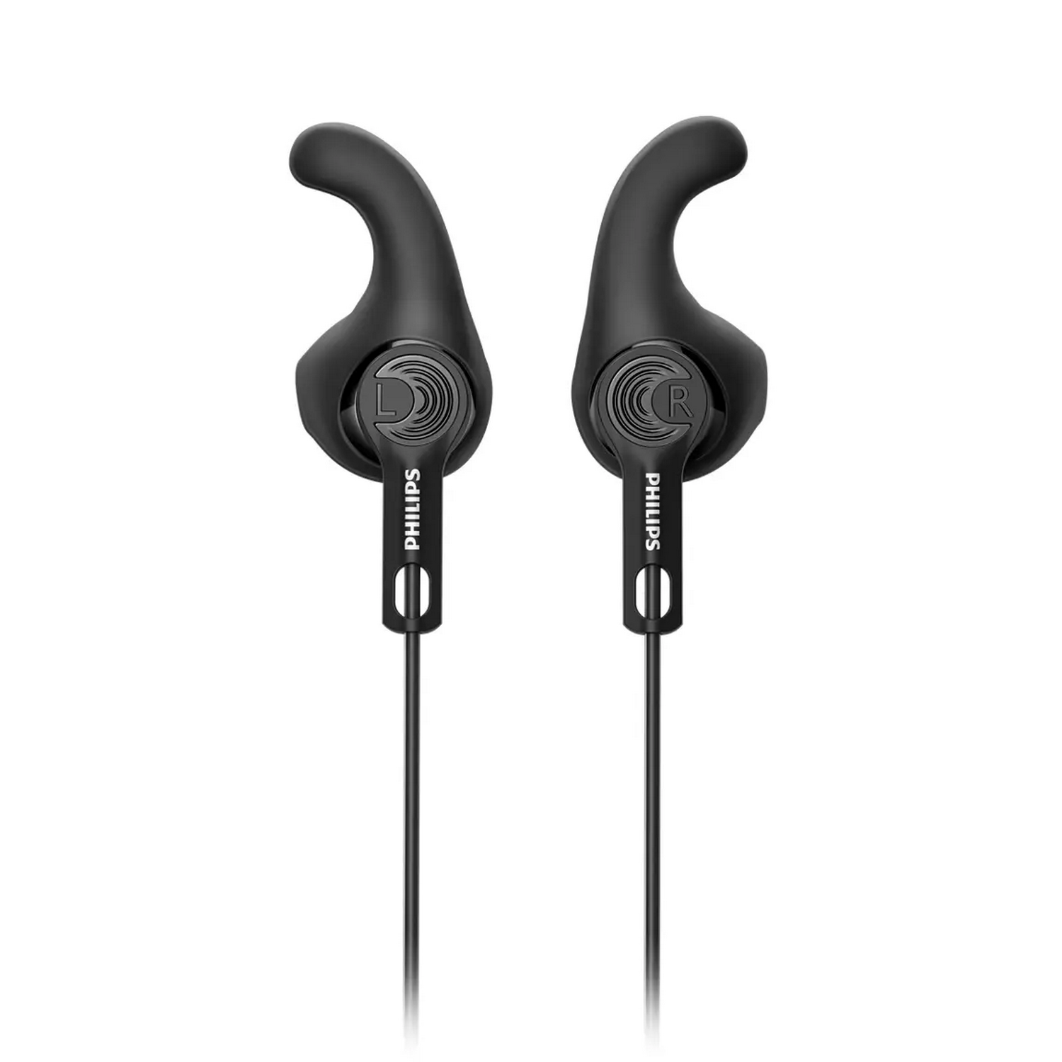 Auriculares internos Philips negros. Tienen un diseño curvo, sobre fondo blanco.